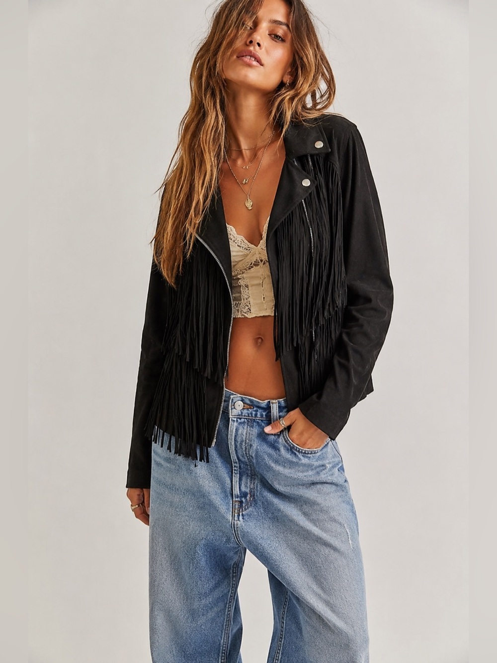 Michael Kors black faux suede fringe moto jacket